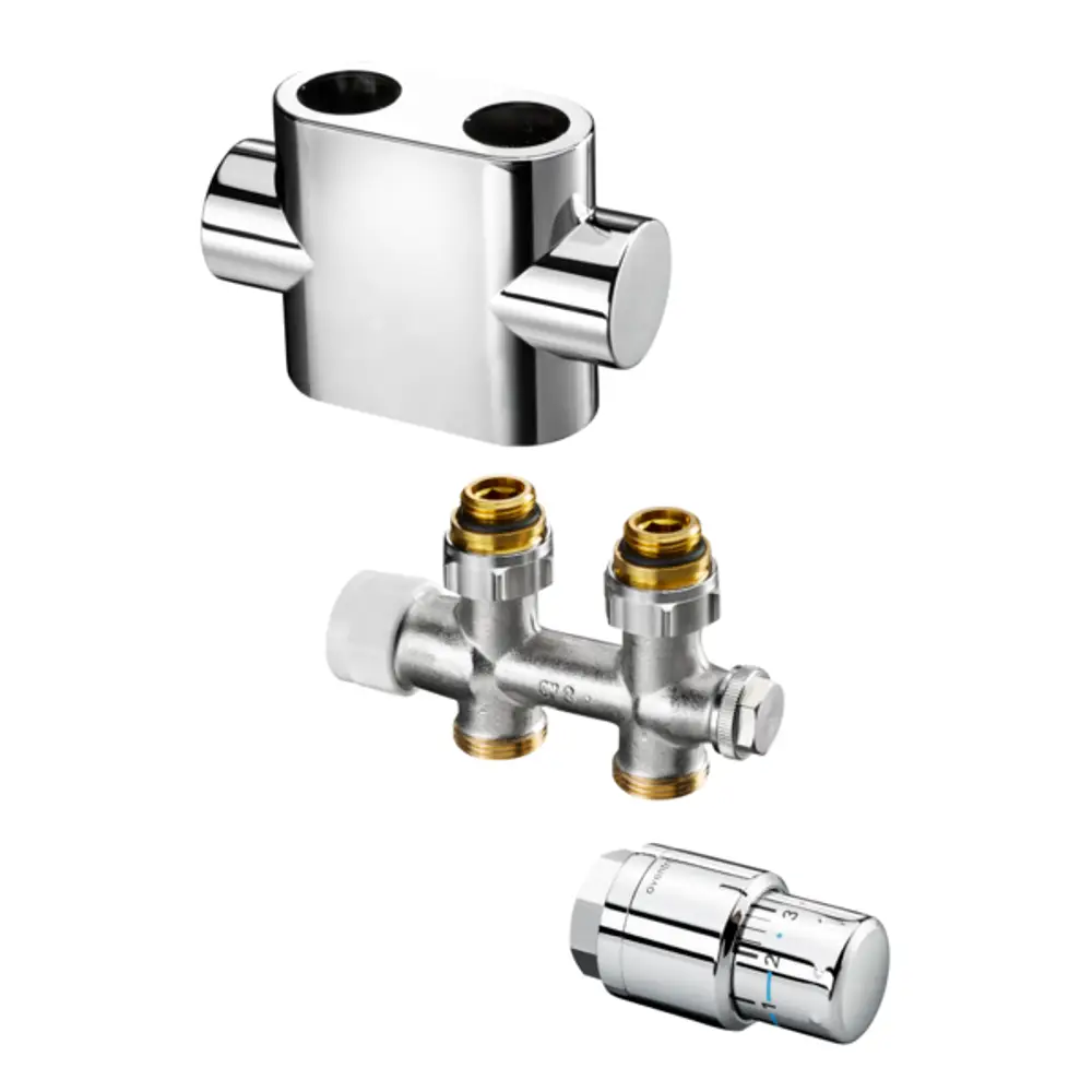 Set bestehend aus einem Oventrop Multiblock T, einem Hahnblock, einer Designabdeckung und einem Thermostat für Heizkörperanschlüsse in Edelstahloptik.